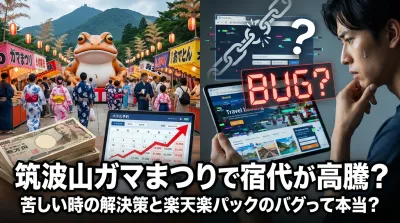筑波山ガマまつりで宿代が高騰？苦しい時の解決策と楽天楽パックのバグって本当？