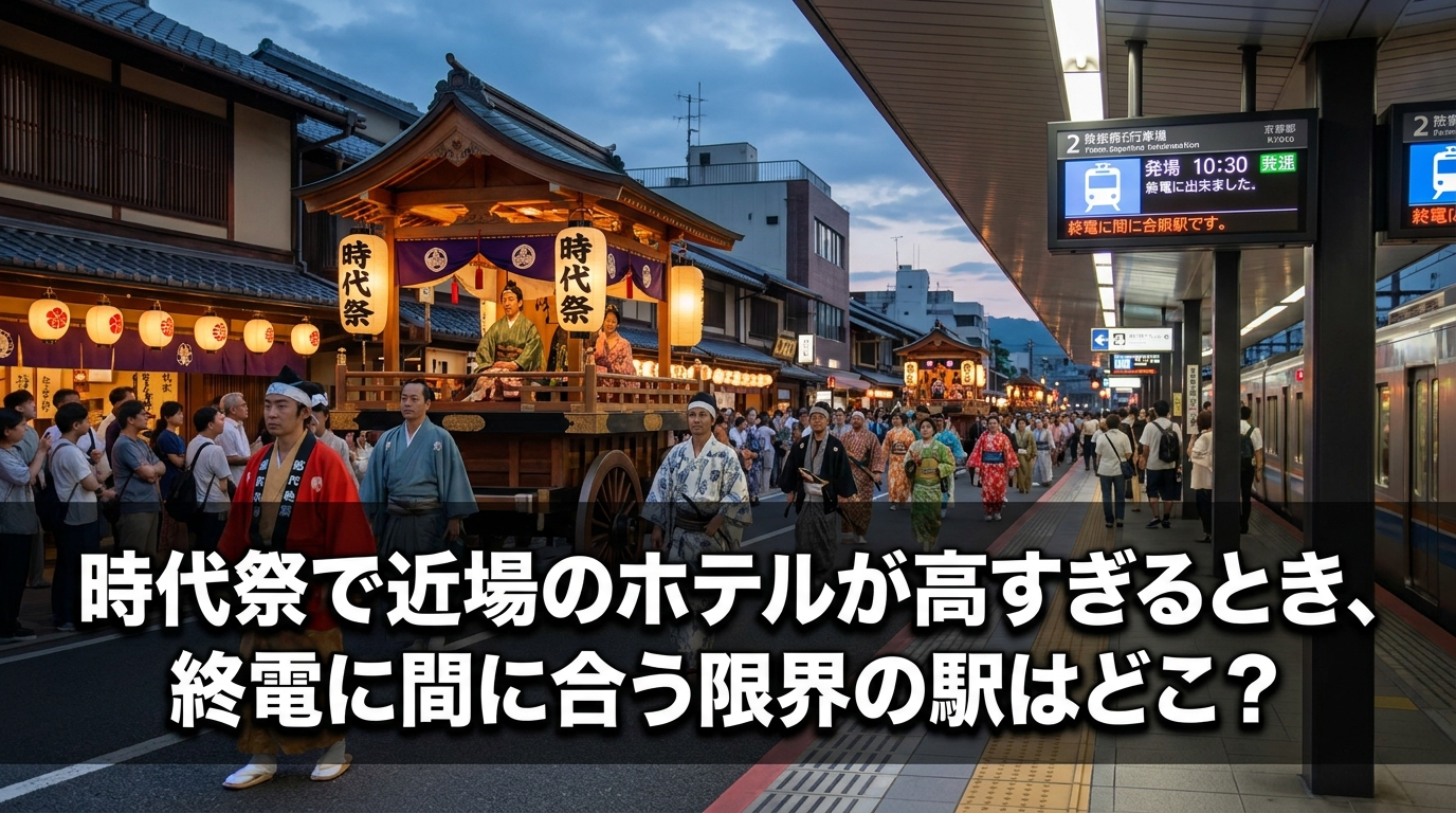時代祭で近場のホテルが高すぎるとき、終電に間に合う限界の駅はどこ？