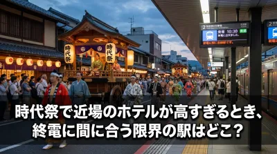 時代祭で近場のホテルが高すぎるとき、終電に間に合う限界の駅はどこ？